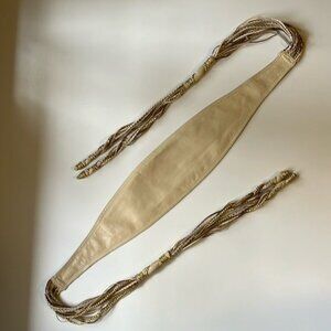 🤎✨ Vintage Beige Leather Waist Belt w/ Gold & Brown Braided Tassels ✨🤎
